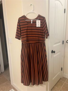 Latched Mama Brown and Navy Striped Midi Nursing Dress